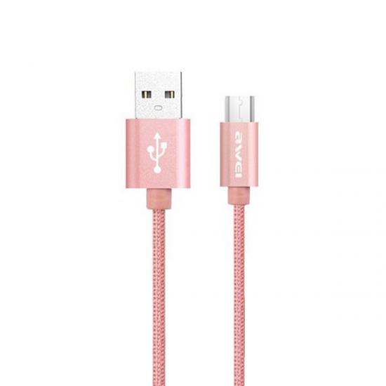 Awei Micro USB Hızlı Şarj ve USB Kablo Metal Örgü 1mt CL-30 RoseGold