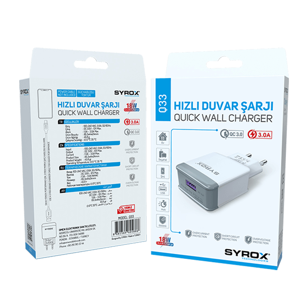 Syrox%20Q33%20Hızlı%20USB%20Duvar%20Şarj%20Adaptörü%20(Başlık)%203.0A%2018W%20-%20Beyaz