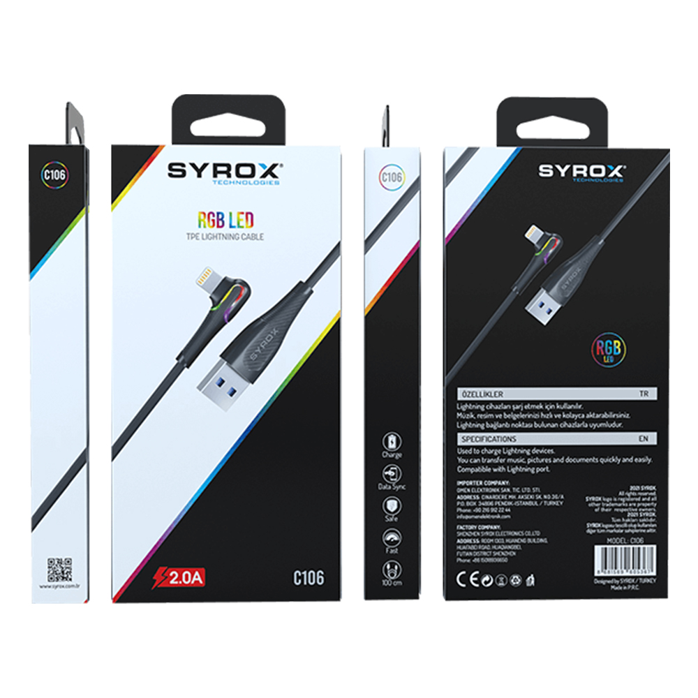 Syrox%20C106%20Lightning%2090%20Derece%20RGB%20Led%201mt%202A%20Data/Şarj%20Kablosu%20Siyah