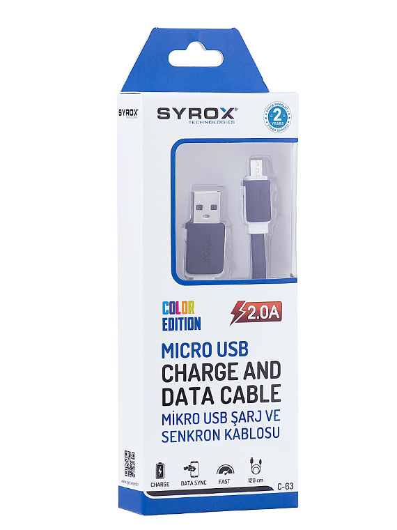 Syrox%20C63%20Micro%20USB%20Şarj%20ve%20USB%20Data%20Kablosu%20Yassı%202.0A%201.2mt%20Siyah