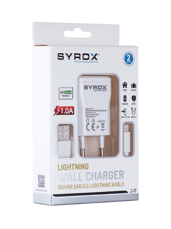 Syrox%20J17%20iPhone%20Lightning%20Kablolu%20Şarj%20Aleti%20Set%201.0A%20Beyaz